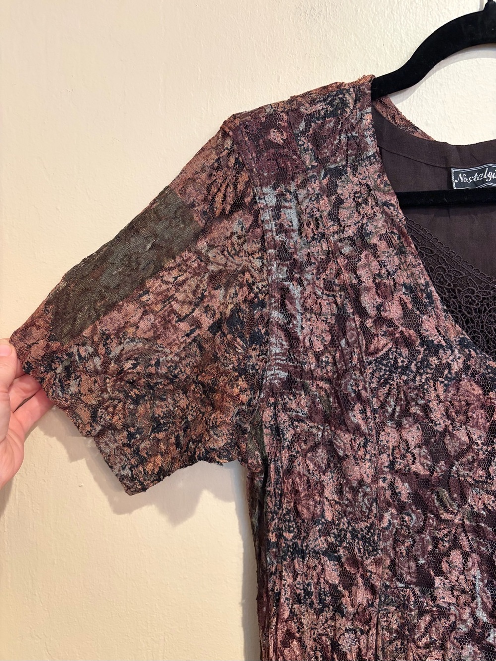 90s Office Mom Boho Mesh & Lace Maxi Dress w/ Padded Shoulders and Slim Waist - Picture 4 of 10